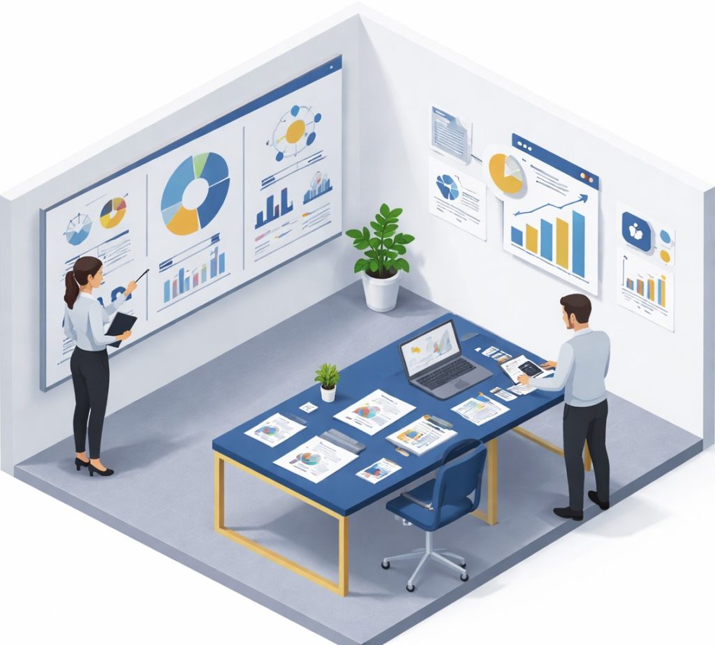 Illustration isométrique de deux analystes en réunion avec tableaux de bord et graphiques